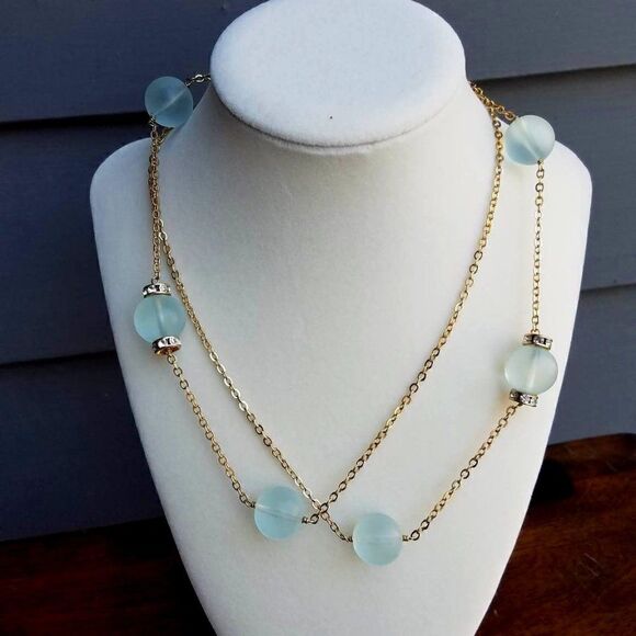 NWOT J Crew Aqua Round Bead Station Necklace with Rhinestones - Picture 1 of 10